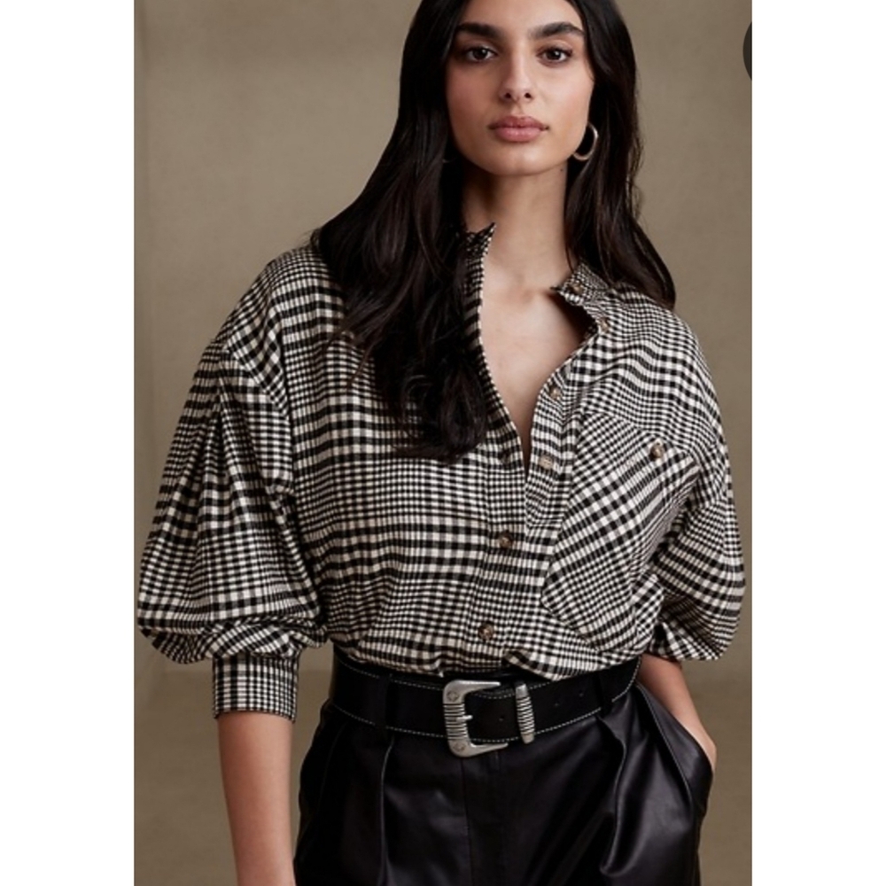Banana Republic Piazza Plaid Flannel Shirt Black & White Size S